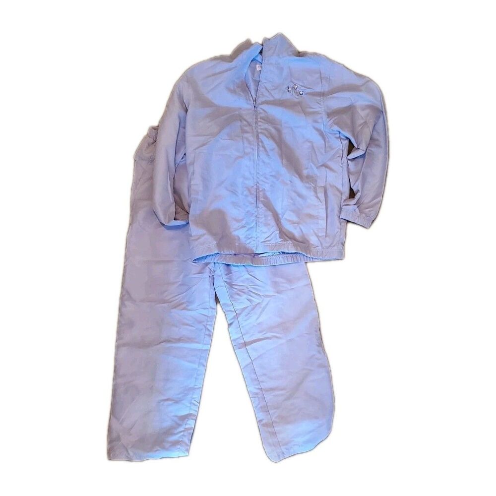 1980s The Paragon Med Two Piece Track Jump Suit Powder Blue Floral Embroidery